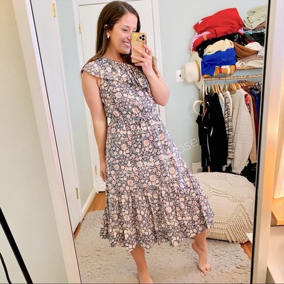 La Vie Rebecca Taylor Black Pink Floral Cotton One Shoulder Tiered Maxi Dress M - Picture 1 of 14